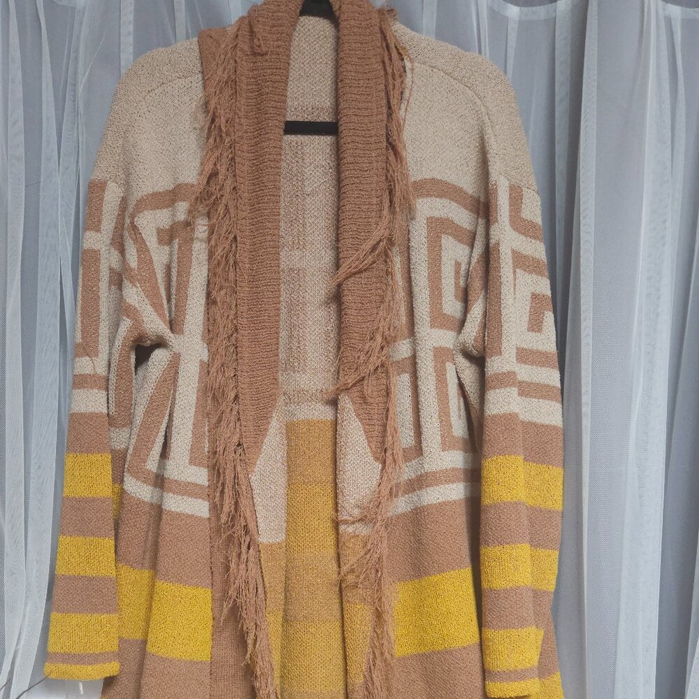 Davi & Dani Boho Fringe Open Cardigan | Geometric Southwestern Pattern | 1XL